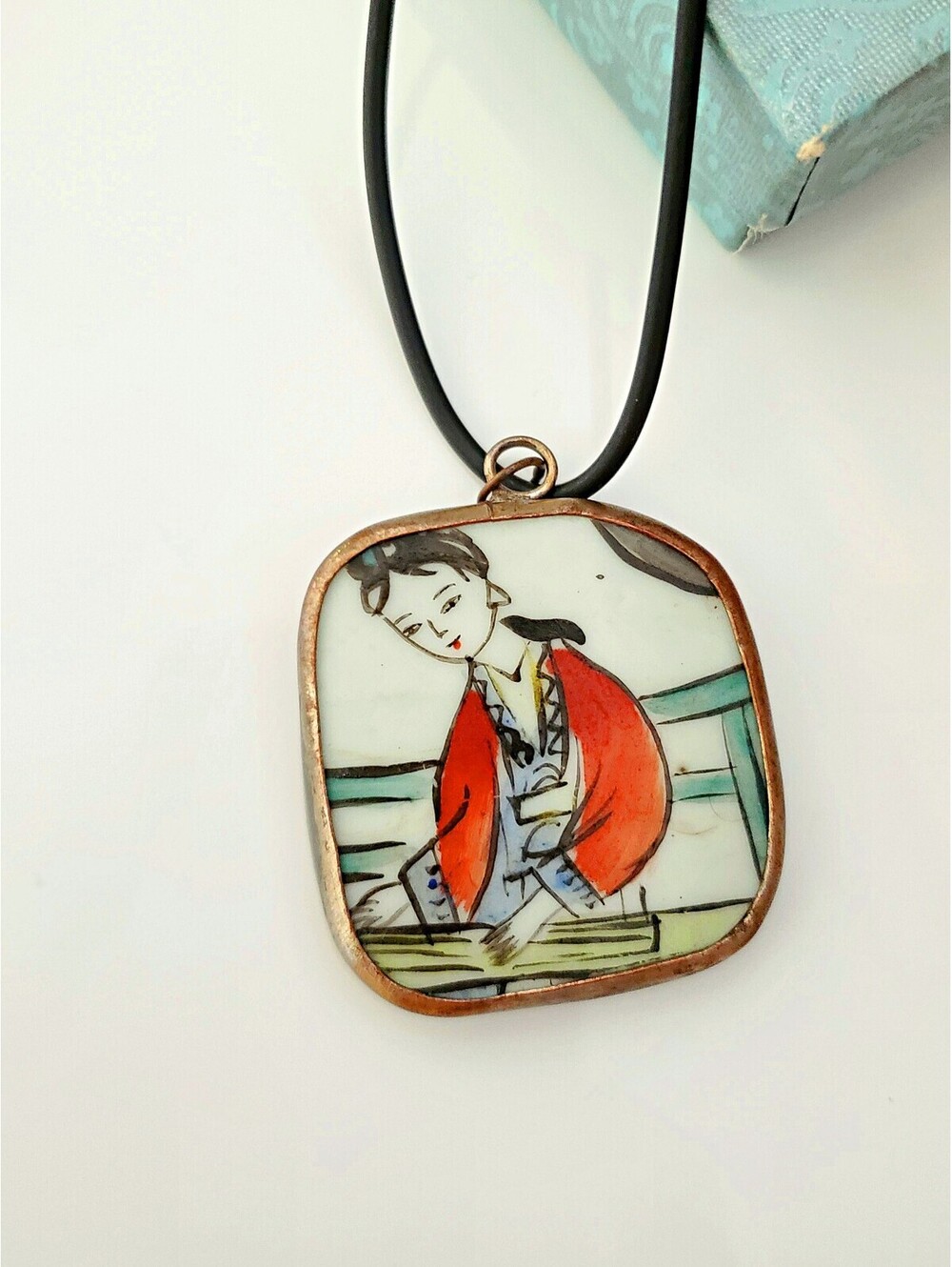 Vintage Chinese Hand-painted Porcelain Pendant Leather Strand Necklace